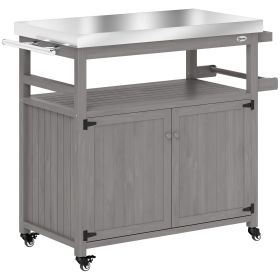 Outsunny Outdoor Grill Cart w/ Stainless Steel Top, Solid Wood Outdoor Kitchen Island w/ Wheels, Storage Cabinets, Gray