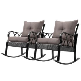 Outsunny 2 Piece Outdoor Wicker Rocking Chairs Gray Rattan Porch Rockers Cushions Aluminum Frame Garden Patio