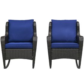 Outsunny 2 Piece Outdoor Wicker Rocking Chair Dark Blue Rattan Rocker Cushions Steel Frame Patio Garden Backyard
