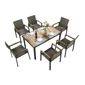 All Weather 7-Piece Patio Dining Table Sets, Patio Conversation Set Acacia Wood Table Top with Umbrella Hole, Rattan Outdoor, Brown Gray Color
