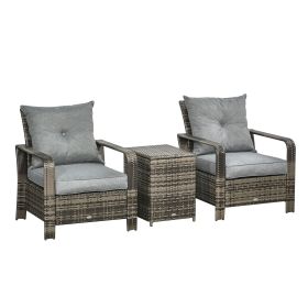 Outsunny 3-Piece Outdoor Furniture Set with Grey Wicker Chairs, Padded Seats & Storage Side Table
