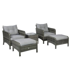 Outsunny 5-Piece Gray Rattan Wicker Lounge Chair Set Outdoor Patio Conversation with Cushions Chairs Ottomans & Glass Table