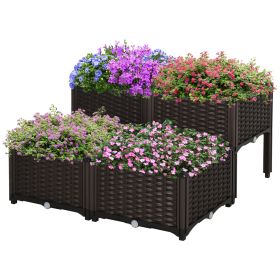 Outsunny 4 Piece Plastic Garden Bed, with Legs and Drainage Hole, Self-Watering and DIY, to Grow Flowers, Herbs & Vegetables, Brown