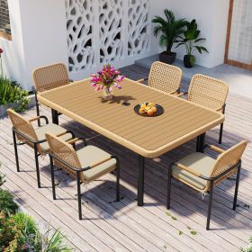 GO 7 Pieces Patio Dining Set, Outdoor Wicker Furniture Set, Plastic-wood Table Top with Umbrella Hole, Rattan Dining set for Backyard