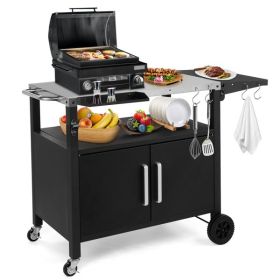Outdoor Grill Cart with Storage, Rolling Bar Cart Movable Kitchen Island for BBQ, Patio Dining Cart Table for Food Prep with Wheels Hooks Foldabl